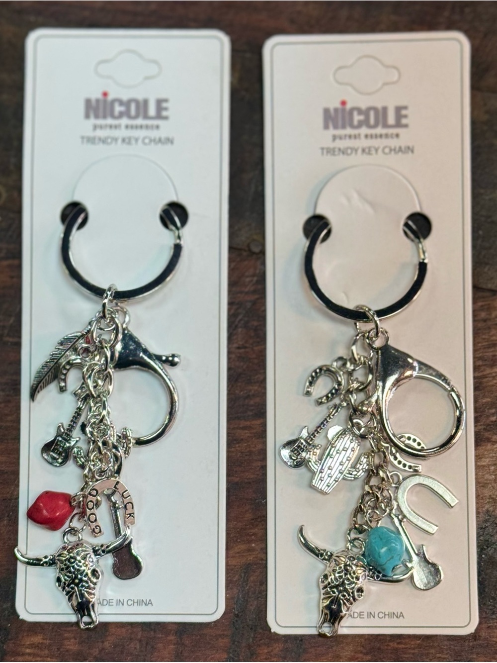 NICOLE Silver Western Charm Key Chain with Turquoise & Red Accents